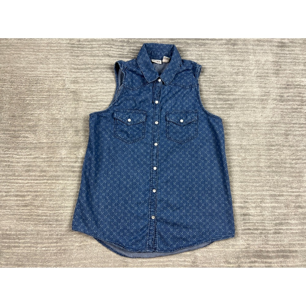 Mudd Sleeveless Top Womens Small Blue Denim Western Snap Button Geometric Print